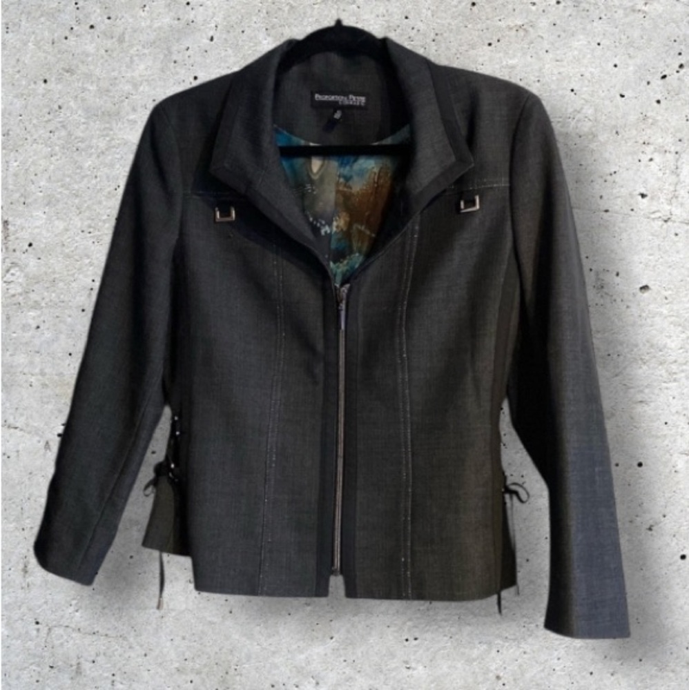Conrad C Grey w/ Black Contrast Trim Jacket Blazer Lace Up Sides- Size 10 Petite